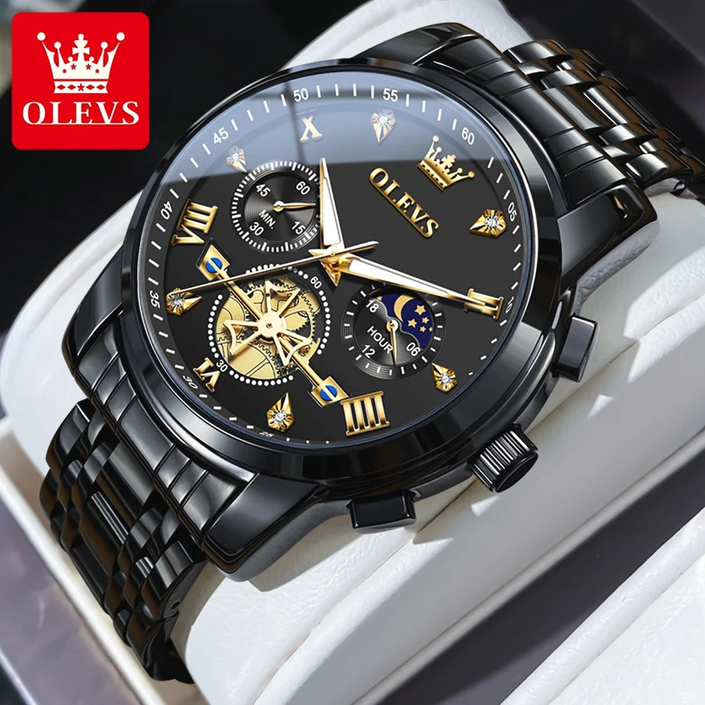 Men'S Watches Classic Multifunctional Fltwheel Chronograph Original Quartz Wristwatch Moon Phase 24 Hour Waterproof Reloj