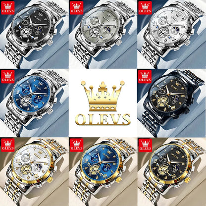 Men'S Watches Classic Multifunctional Fltwheel Chronograph Original Quartz Wristwatch Moon Phase 24 Hour Waterproof Reloj