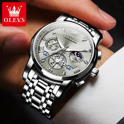 Men'S Watches Classic Multifunctional Fltwheel Chronograph Original Quartz Wristwatch Moon Phase 24 Hour Waterproof Reloj